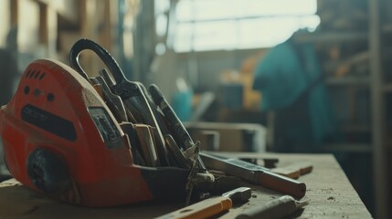 Laborer organizing tools at a construction site. Featuring organization and efficiency