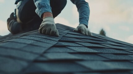 Roofing worker applying asphalt shingles to a roof. Featuring safety and precision
