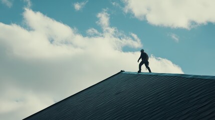 Roofing worker applying roofing felt on a sloped roof. Featuring attention to detail and safety
