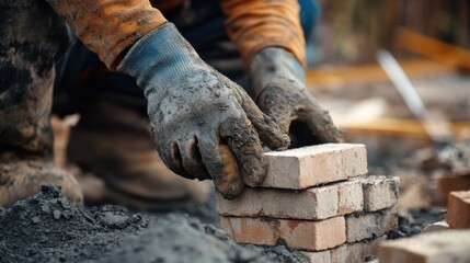 Laborer placing bricks at a construction site. Featuring strength and teamwork