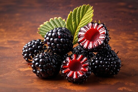 Tropical Blackberry Halves Highlighting Rich Texture on Warm Brown Backgrounds