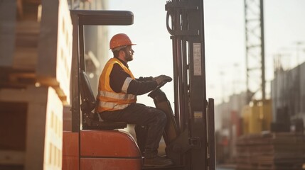 Fototapeta premium Laborer operating a forklift to move construction materials at a site. Featuring teamwork and efficiency