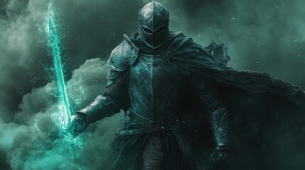 Naklejka premium Armored knight holding a glowing green sword in a misty battlefield