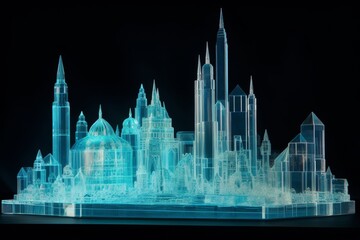A surreal glowing city, where the buildings are made of transparent crystal