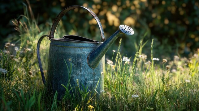 Vintage watering can in tall grass with warm summer light, rustic and full-resolution image.