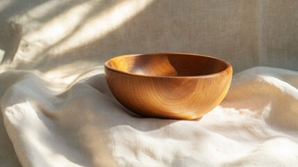 A smooth wooden bowl sits elegantly on a light fabric surface, showcasing the warmth and simplicity of natural materials