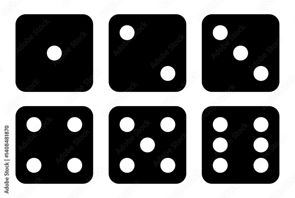 Poster set of six sides of a die icon in black color with white dots. die icon set with all six faces in bl