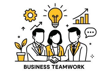 Business teamwork. Modern flat line art illustration. Trendy outline vector graphic elements. Creative concept. Black and yellow colors isolated on white background