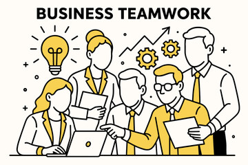 Business teamwork. Modern flat line art illustration. Trendy outline vector graphic elements. Creative concept. Black and yellow colors isolated on white background
