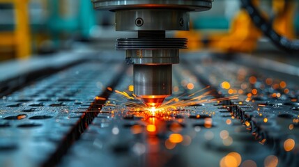 Automated CNC Laser Cutting Machine in Operation, Creating Precise Metal Components with Sparks