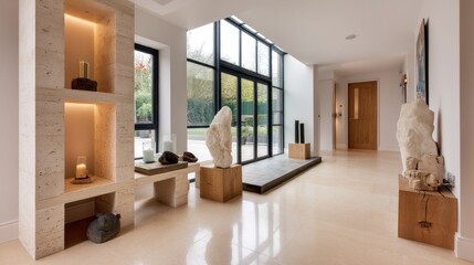 Modern open hallway with built-in sculpture plinths  