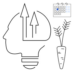 Outline of head with lightbulb base, upward arrows inside, calendar with marked date, and carrot illustration. Ideal for productivity, growth, motivation, planning, creativity time management goal