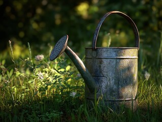 Vintage watering can in tall grass with warm summer light, rustic and full-resolution image.