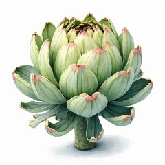 Obraz premium Watercolor illustration of a fresh artichoke with delicate green and purple bracts on white..