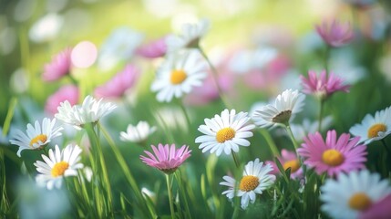 A vibrant meadow in springtime is filled with white and pink daisies, offering a quiet and beautiful scene of nature's renewal