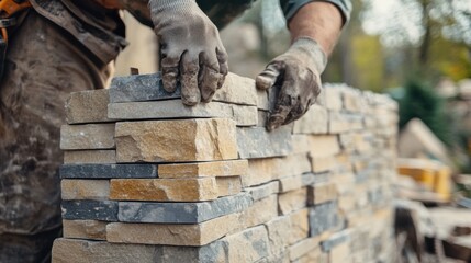 Mason applying finishing touches to a stone wall at a construction site. Featuring skill and craftsmanship