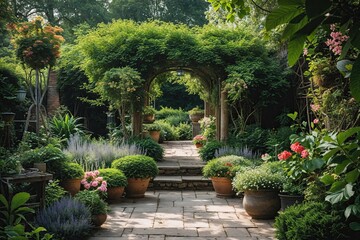 Obraz premium Stunning Garden Landscape Featuring Vibrant Greenery and Colorful Flowers