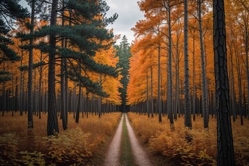 Fototapeta premium Autumn Pine Trail Experience in Finlands Arboretum Serene Woodland Views