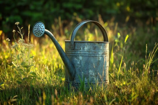 Vintage watering can in tall grass with warm summer light, rustic and full-resolution image.