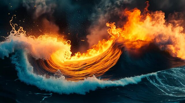 Dramatic visual of ocean wave engulfed in vibrant flames with stormy sky backdrop