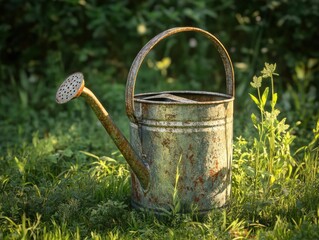 Vintage watering can in tall grass with warm summer light, rustic and full-resolution image.