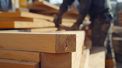 Laborer stacking lumber at a construction site. Featuring strength and efficiency