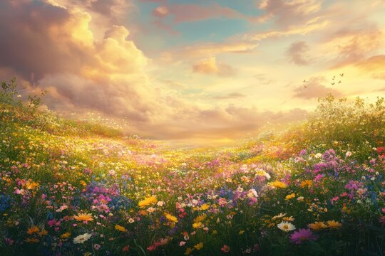 A vibrant summer meadow filled with colorful wildflowers under soft evening light, providing a serene atmosphere with plenty of space for text or design elements - Powered by Adobe