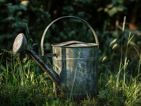 Vintage watering can in tall grass with warm summer light, rustic and full-resolution image.
