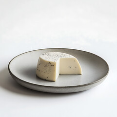 Creamy cheese disk infused with herbs, a visual delight on a minimalist gray plate, evoking fresh dairy goodness. Ready to be savored.