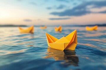 A yellow paper boat steering the fleet, leading new boats to join the team, representing leadership, cooperation, and the spirit of teamwork in a tranquil sea setting