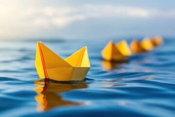 A yellow paper boat steering the fleet, leading new boats to join the team, representing leadership, cooperation, and the spirit of teamwork in a tranquil sea setting