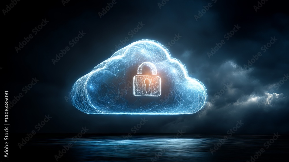 Poster glowing cloud with a padlock in the center against a dark background with cloud formations visible t
