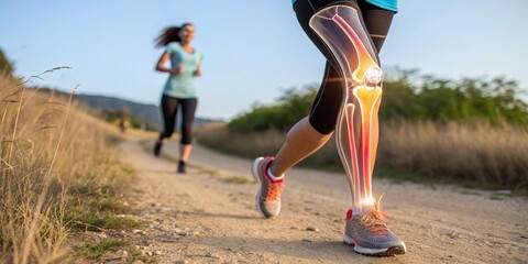"Illustration of human knee with highlighted tendons and joints, overlaid on a blurred image of a woman limping during a trail run"