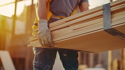 Laborer transporting materials at a construction site. Featuring teamwork and efficiency