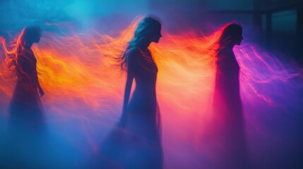 Fototapeta premium Silhouetted figures walking through neon light waves