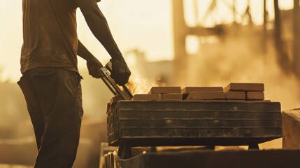 Laborer unloading bricks at a construction site. Featuring strength and teamwork