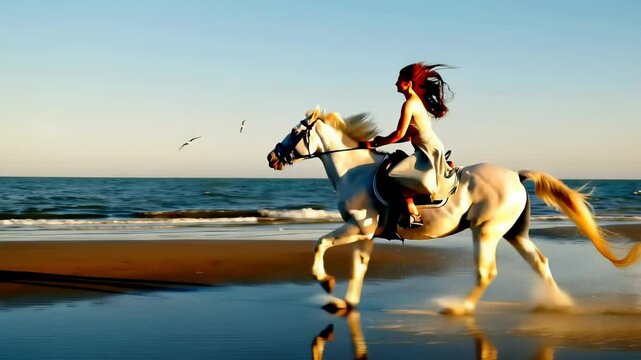 woman riding horse on the beach at sunset
