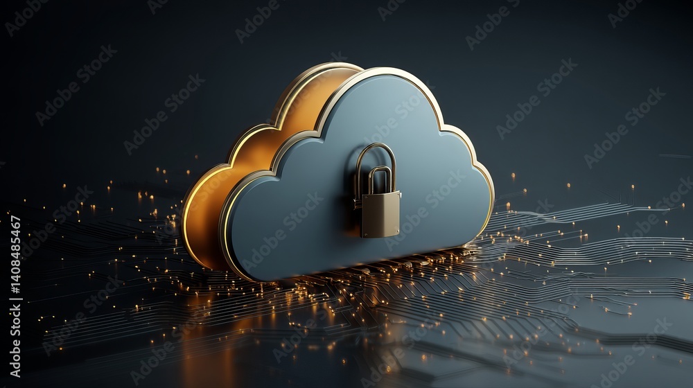 Aufkleber a cloud with a golden border and a padlock on a circuit board representing secure cloud computing da