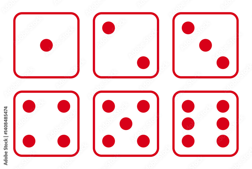 Poster set of six sides of a die icon in red color outline. die icon set with all six faces in red color ou