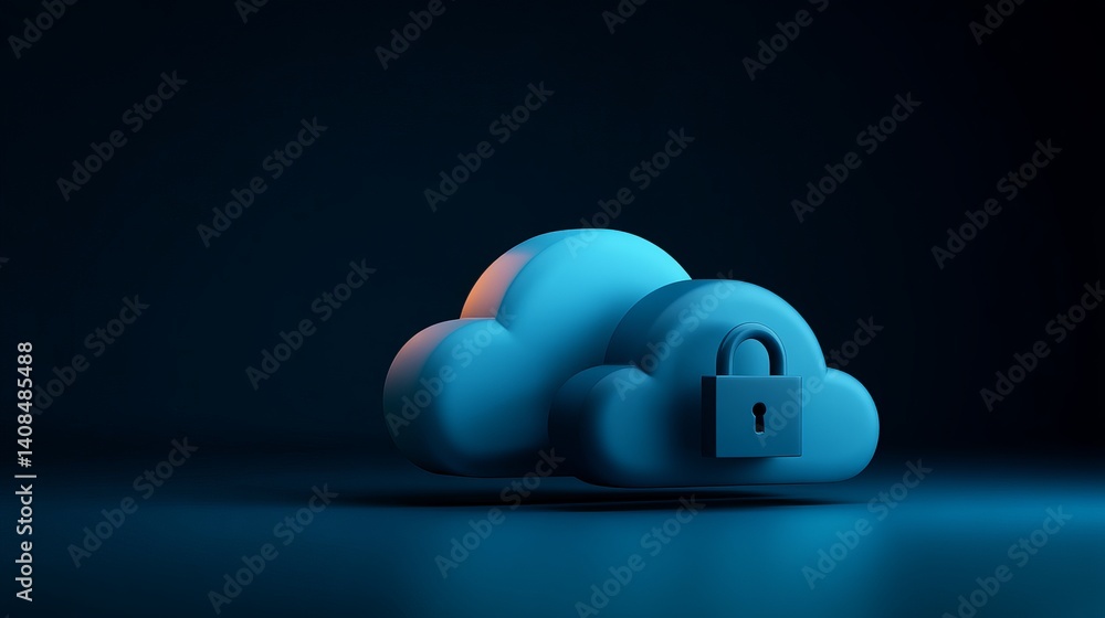 Poster a blue cloud with a padlock on it symbolizing cloud security and data protection on a dark backgroun