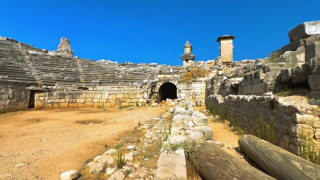 The center of culture and trade of Lycians, Persians, Greeks and Romans.Ruins of an ancient Lycian city on the banks of the Xanthos River.An open-air museum.Ancient Lycia. UNESCO.Turkey, 4k