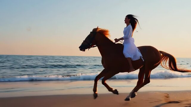 woman riding horse on the beach at sunset