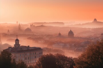 Obraz premium A peaceful city at sunrise, bathed in soft pink and orange light 