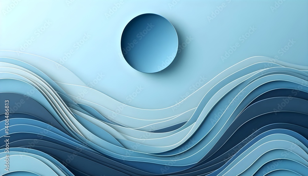 Poster abstract cool-toned paper-cut waves with soft shadows, designed as calm and clean backdrop for brand