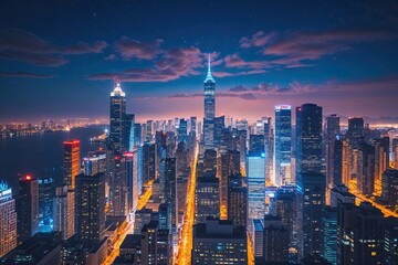 Obraz premium Stunning Nighttime Cityscape Featuring Illuminated Skyscrapers and Vibrant Urban Skyline