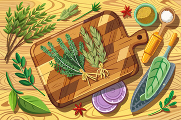 vector of Bunch of sage and thyme on wooden board top view