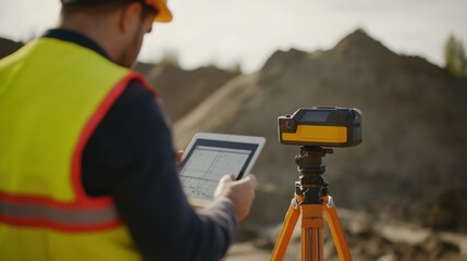 Survey technician adjusting a GPS measuring device on a construction site. Featuring accuracy and data collection