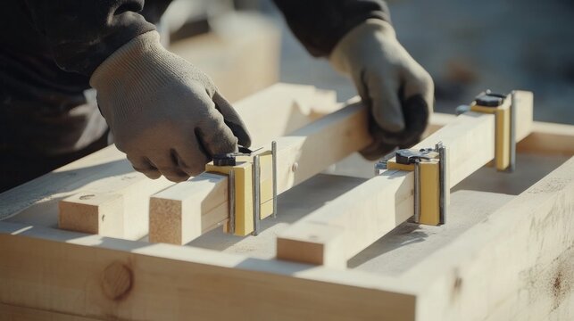 Formwork carpenter assembling wooden molds for concrete pouring. Featuring precision and structural integrity