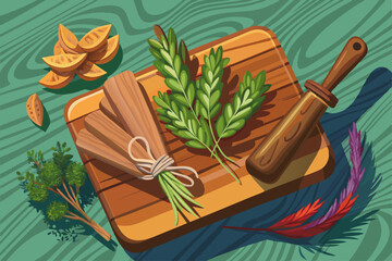 vector of Bunch of sage and thyme on wooden board top view