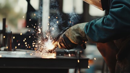 Laborer welding metal at a construction site. Featuring strength and focus